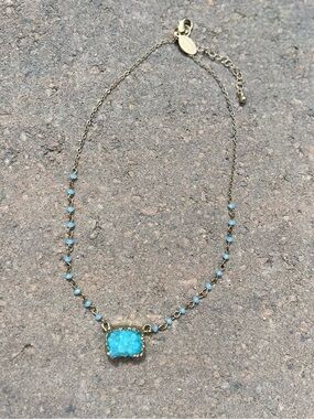 Spring Street Gold Tone Necklace Blue Druzy Stone Pendant Beaded Chain